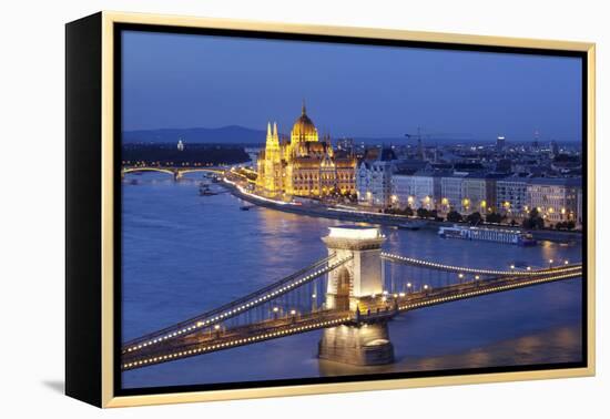 View over Danube River to Chain Bridge and Parliament, UNESCO World Heritage Site, Budapest, Hungar-Markus Lange-Framed Premier Image Canvas