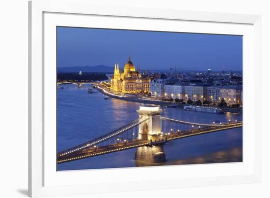 View over Danube River to Chain Bridge and Parliament, UNESCO World Heritage Site, Budapest, Hungar-Markus Lange-Framed Photographic Print