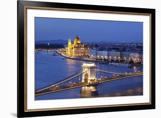 View over Danube River to Chain Bridge and Parliament, UNESCO World Heritage Site, Budapest, Hungar-Markus Lange-Framed Photographic Print