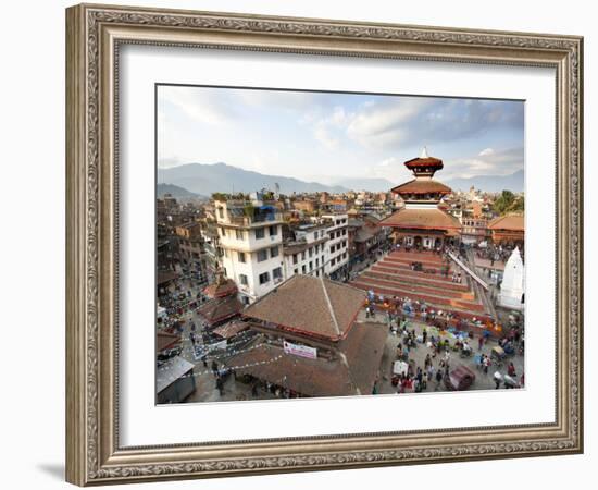 View over Durbar Square from Rooftop Cafe Showing Temples and Busy Streets, Kathmandu, Nepal, Asia-Lee Frost-Framed Photographic Print