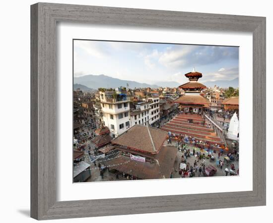 View over Durbar Square from Rooftop Cafe Showing Temples and Busy Streets, Kathmandu, Nepal, Asia-Lee Frost-Framed Photographic Print