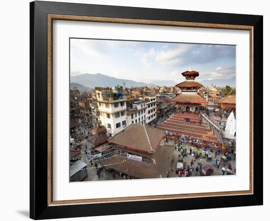 View over Durbar Square from Rooftop Cafe Showing Temples and Busy Streets, Kathmandu, Nepal, Asia-Lee Frost-Framed Photographic Print