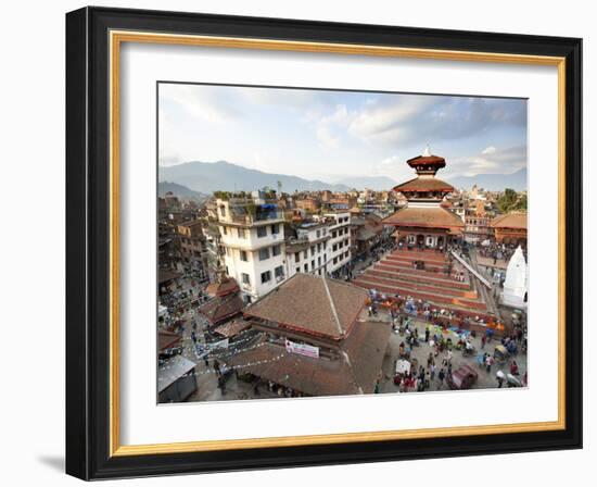 View over Durbar Square from Rooftop Cafe Showing Temples and Busy Streets, Kathmandu, Nepal, Asia-Lee Frost-Framed Photographic Print