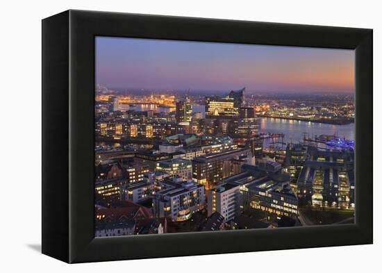 View over HafenCity and Elbphilharmonie at sunset, Hamburg, Hanseatic City, Germany, Europe-Markus Lange-Framed Premier Image Canvas