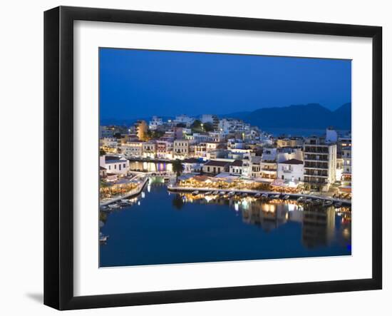 View over Harbour and Restaurants at Dusk, Ayios Nikolaos, Lasithi Region, Crete, Greek Islands, Gr-Stuart Black-Framed Photographic Print