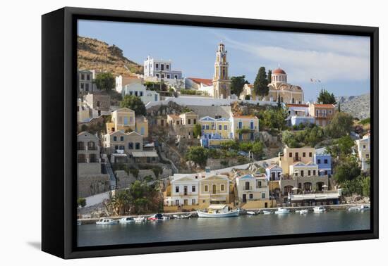 View over Harbour to Colourful Houses and Church, Dodecanese Islands-Ruth Tomlinson-Framed Premier Image Canvas
