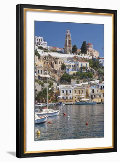View over Harbour to Colourful Houses and Church, Dodecanese Islands-Ruth Tomlinson-Framed Photographic Print