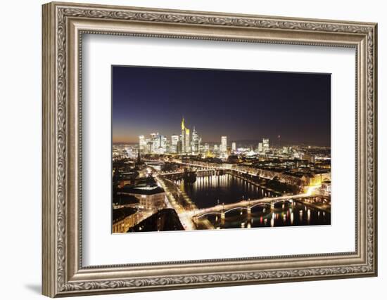 View over Main River to Ignatz Bubis Bridge financial district skyline, Frankfurt, Hesse, Germany, -Markus Lange-Framed Photographic Print