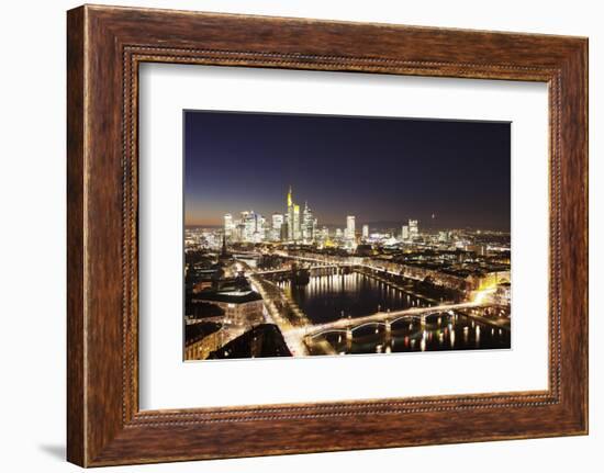 View over Main River to Ignatz Bubis Bridge financial district skyline, Frankfurt, Hesse, Germany, -Markus Lange-Framed Photographic Print