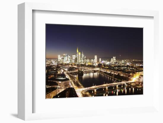 View over Main River to Ignatz Bubis Bridge financial district skyline, Frankfurt, Hesse, Germany, -Markus Lange-Framed Photographic Print