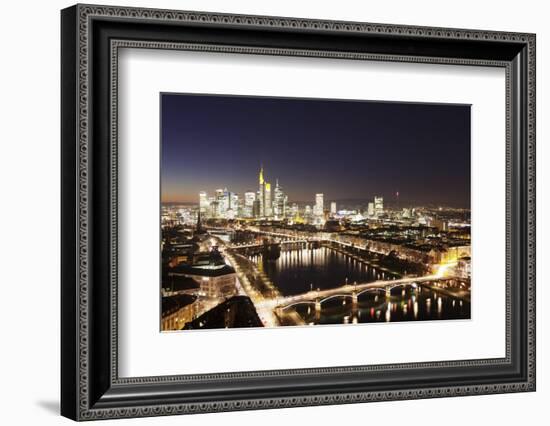 View over Main River to Ignatz Bubis Bridge financial district skyline, Frankfurt, Hesse, Germany, -Markus Lange-Framed Photographic Print