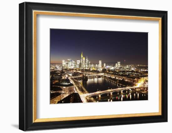 View over Main River to Ignatz Bubis Bridge financial district skyline, Frankfurt, Hesse, Germany, -Markus Lange-Framed Photographic Print