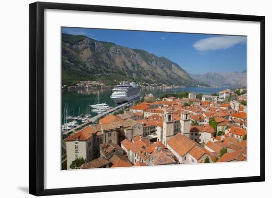 View over Old Town, UNESCO World Heritage Site, with Cruise Ship in Port, Kotor, Montenegro, Europe-Frank Fell-Framed Photographic Print
