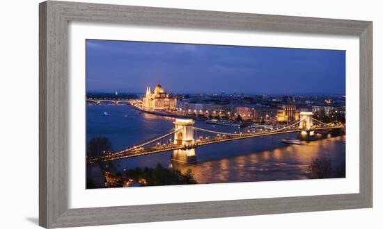 View over River Danube, Chain Bridge and Hungarian Parliament Building at Night-Ben Pipe-Framed Photographic Print