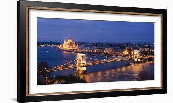 View over River Danube, Chain Bridge and Hungarian Parliament Building at Night-Ben Pipe-Framed Photographic Print