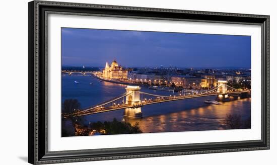 View over River Danube, Chain Bridge and Hungarian Parliament Building at Night-Ben Pipe-Framed Photographic Print