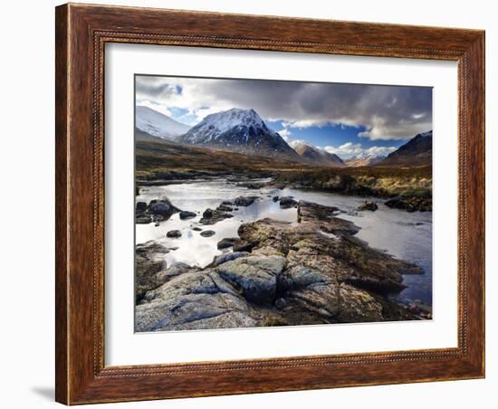 View Over River Etive Towards Snow-Capped Mountains, Rannoch Moor, Near Fort William, Scotland-Lee Frost-Framed Photographic Print