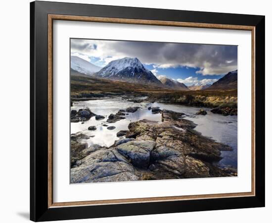 View Over River Etive Towards Snow-Capped Mountains, Rannoch Moor, Near Fort William, Scotland-Lee Frost-Framed Photographic Print