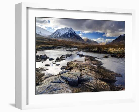 View Over River Etive Towards Snow-Capped Mountains, Rannoch Moor, Near Fort William, Scotland-Lee Frost-Framed Photographic Print