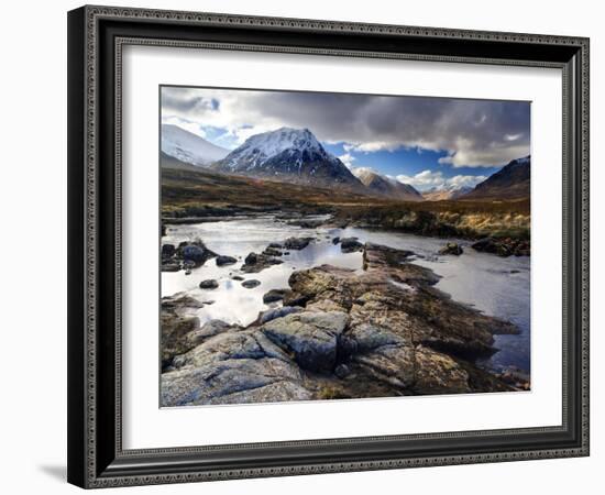 View Over River Etive Towards Snow-Capped Mountains, Rannoch Moor, Near Fort William, Scotland-Lee Frost-Framed Photographic Print