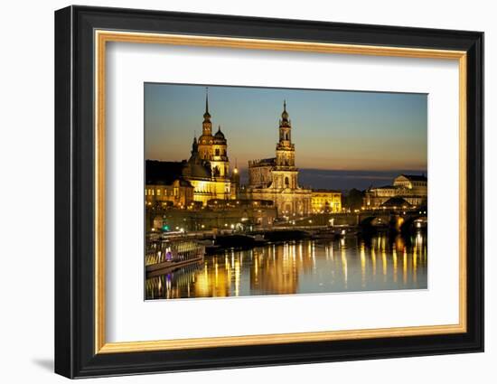 View over the Elbe on the Illuminated Dresden with City Palace-Uwe Steffens-Framed Photographic Print