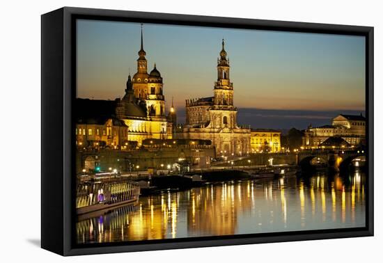 View over the Elbe on the Illuminated Dresden with City Palace-Uwe Steffens-Framed Premier Image Canvas