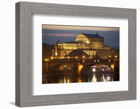 View over the Elbe to the Illuminated Semperoper in Dresden in the Evening-Uwe Steffens-Framed Photographic Print