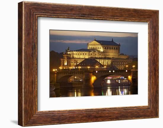 View over the Elbe to the Illuminated Semperoper in Dresden in the Evening-Uwe Steffens-Framed Photographic Print