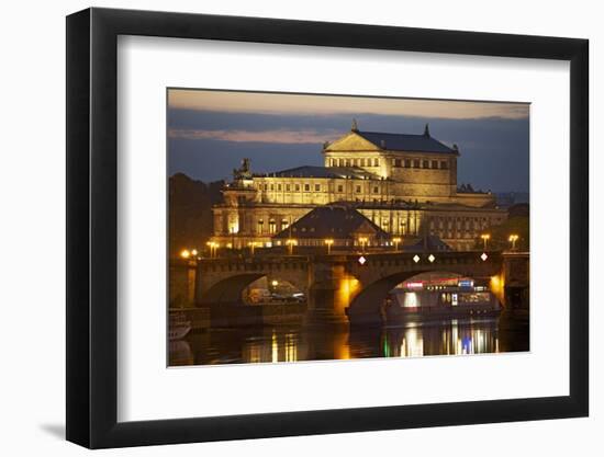 View over the Elbe to the Illuminated Semperoper in Dresden in the Evening-Uwe Steffens-Framed Photographic Print