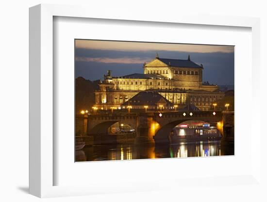 View over the Elbe to the Illuminated Semperoper in Dresden in the Evening-Uwe Steffens-Framed Photographic Print