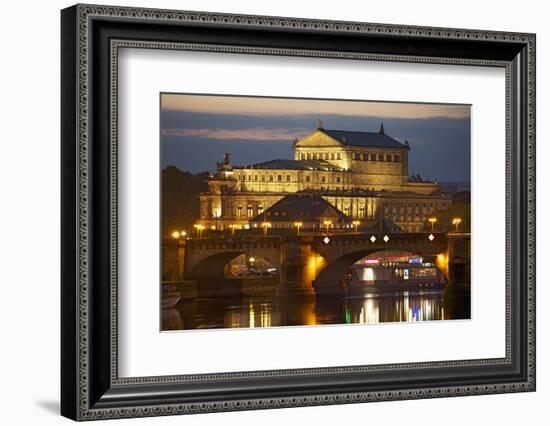 View over the Elbe to the Illuminated Semperoper in Dresden in the Evening-Uwe Steffens-Framed Photographic Print