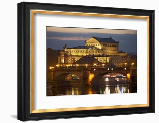 View over the Elbe to the Illuminated Semperoper in Dresden in the Evening-Uwe Steffens-Framed Photographic Print