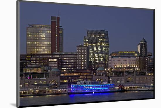 View over the Elbe to the Illuminateded Bavaria-Quartier at the Blue Hour-Uwe Steffens-Mounted Photographic Print