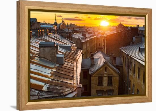 View over the Rooftops of the Historic Center of St. Petersburg, Russia during an Amazing Sunset.-De Visu-Framed Premier Image Canvas