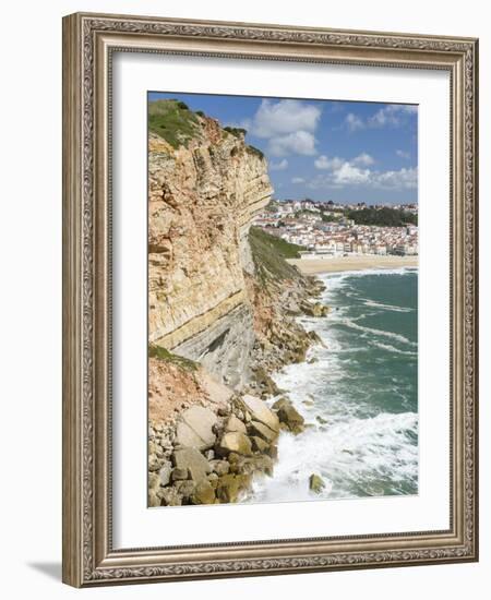 View over town and beach from Sitio. The town Nazare on the coast of the Atlantic Ocean. Portugal.-Martin Zwick-Framed Photographic Print