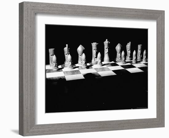 View Showing Chess Pieces with Faces Carved Into Them-David Scherman-Framed Photographic Print