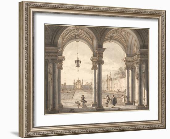 View Through a Baroque Colonnade into a Garden, 1760-1768-Canaletto-Framed Giclee Print