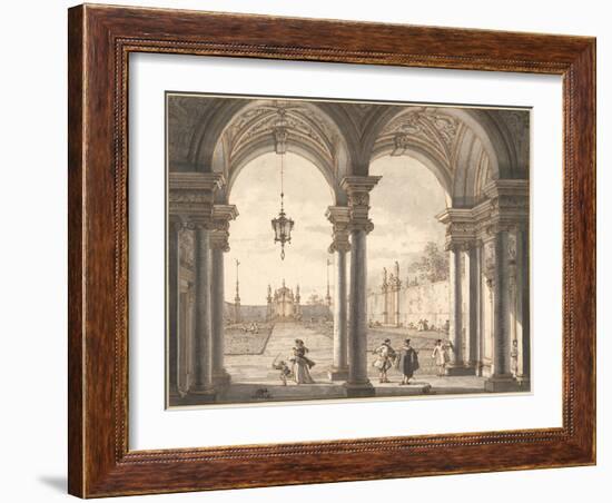 View Through a Baroque Colonnade into a Garden, 1760-1768-Canaletto-Framed Giclee Print