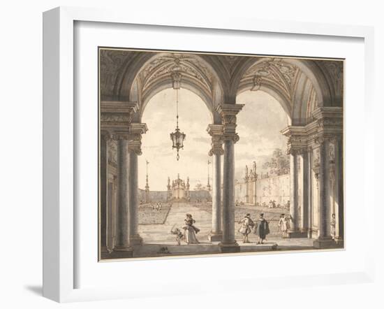 View Through a Baroque Colonnade into a Garden, 1760-1768-Canaletto-Framed Giclee Print