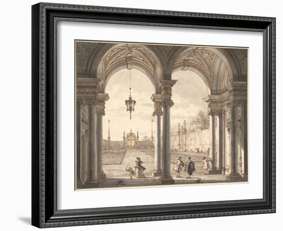 View Through a Baroque Colonnade into a Garden, 1760-1768-Canaletto-Framed Giclee Print