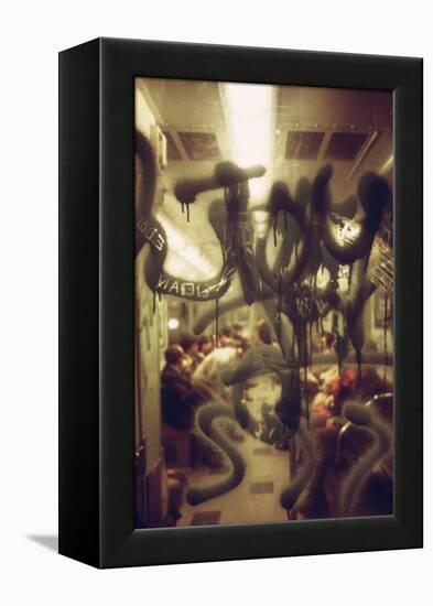 View Through a Graffiti Fogged Window into a New York City Subway Car, May 1973-null-Framed Stretched Canvas