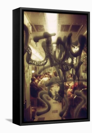 View Through a Graffiti Fogged Window into a New York City Subway Car, May 1973-null-Framed Stretched Canvas