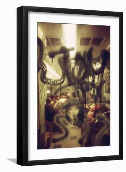 View Through a Graffiti Fogged Window into a New York City Subway Car, May 1973-null-Framed Photo