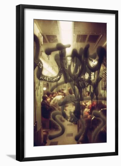 View Through a Graffiti Fogged Window into a New York City Subway Car, May 1973-null-Framed Photo