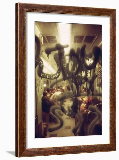 View Through a Graffiti Fogged Window into a New York City Subway Car, May 1973-null-Framed Photo