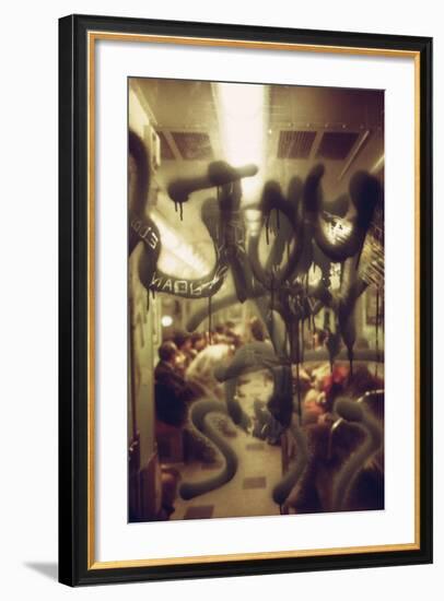 View Through a Graffiti Fogged Window into a New York City Subway Car, May 1973-null-Framed Photo