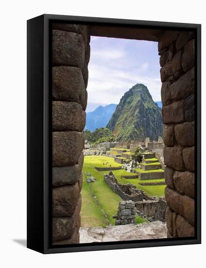 View Through Window of Ancient Lost City of Inca, Machu Picchu, Peru, South America with Llamas-Miva Stock-Framed Premier Image Canvas