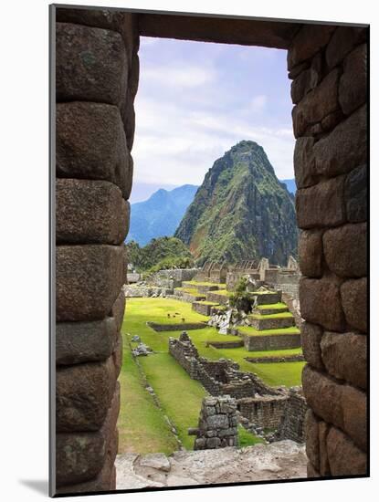 View Through Window of Ancient Lost City of Inca, Machu Picchu, Peru, South America with Llamas-Miva Stock-Mounted Photographic Print