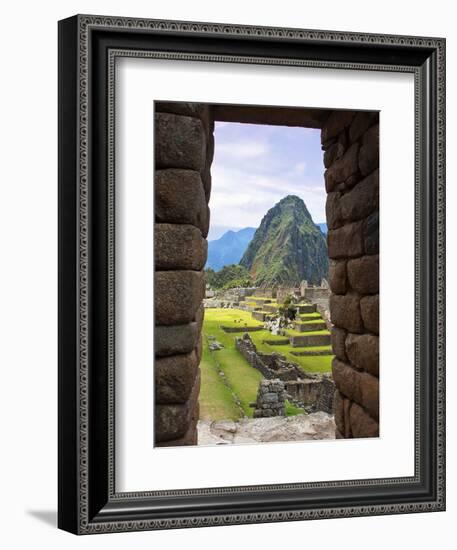 View Through Window of Ancient Lost City of Inca, Machu Picchu, Peru, South America with Llamas-Miva Stock-Framed Premium Photographic Print