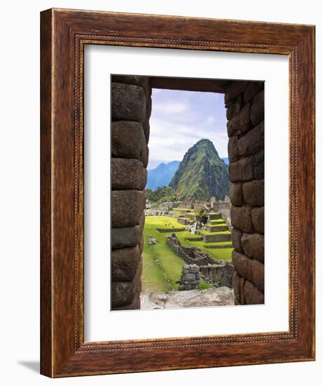 View Through Window of Ancient Lost City of Inca, Machu Picchu, Peru, South America with Llamas-Miva Stock-Framed Photographic Print